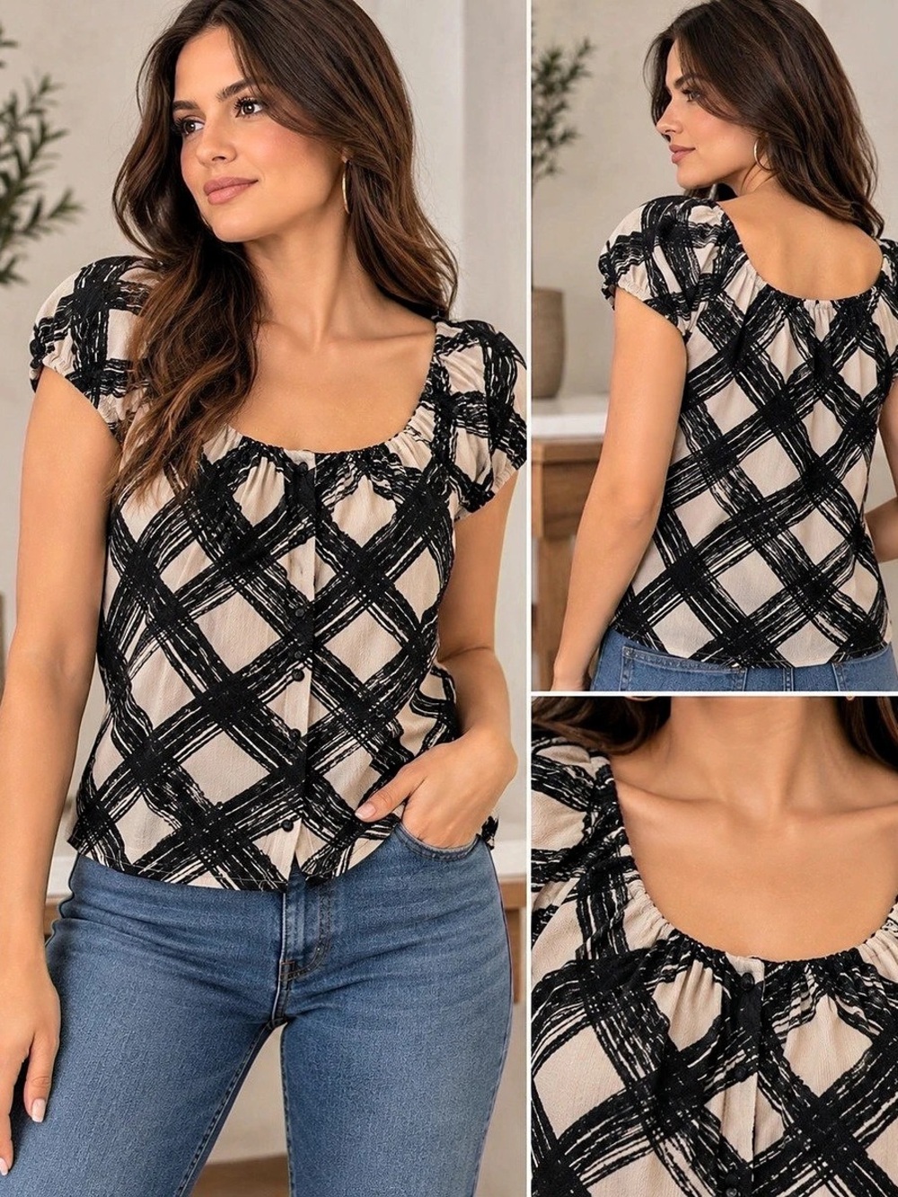 INC International Concepts Abstract Print Blouse in Black & Cream Size Medium